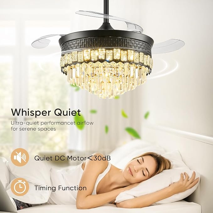 42" Fandelier Ceiling Fan with Lights,Crystal Retractable Ceiling Fan with Light,Chandelier Fans for Bedroom,Living Room,Reverse Motor,6 Speeds,3 Color Temperatures,Remote & APP Control-Black