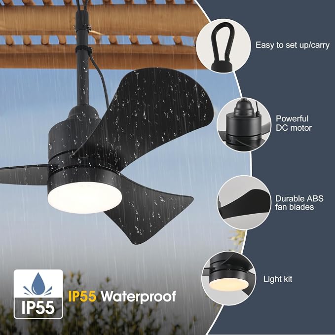 AHAWILL Gazebo Fan,32" Plug in Ceiling Fan with 3 Color LED Light,Waterproof Outdoor Hanging Fan,Outdoor Ceiling Fans for Patios,Gazebo,Pergola.Black