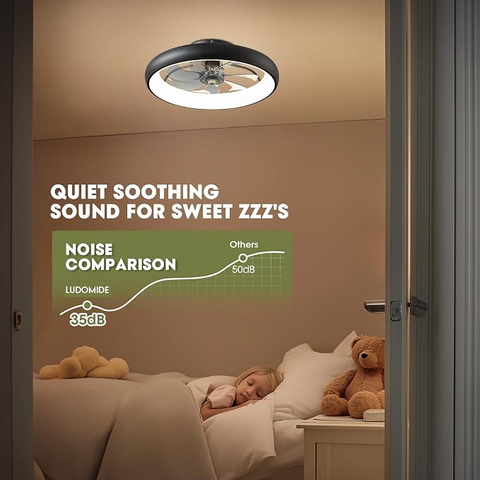 Ceiling Fans with Lights and Remote, 20'' Low Profile Flush Mount, 6 Wind Speeds, Modern Dimmable LED Ceiling Fan, Smart Ceiling Fan for Bedroom, Kids Room (Black)