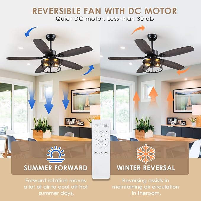 Hounberi 52 Inch Farmhouse Ceiling Fan with Light and Remote Control | 5 Dual Finish Blades, 6 Speeds, Quiet, Reversible DC Motor, Black Industrial Caged Ceiling Fan for Bedroom, Living Room