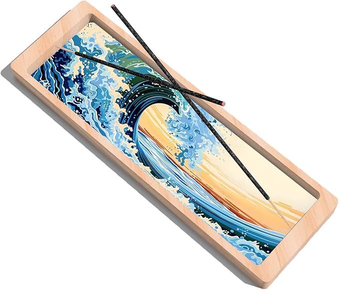 Incense Stick Holder with Wide Glass Base Ocean Landscape Wooden Incense Tray Home Decor AEFTJI