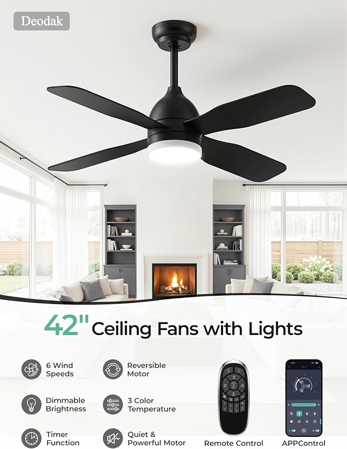 42 Inch Ceiling Fans with Lights: Ceiling Fan with 4 Dual Sided Fan Blades, Remote and App Control, 6 Wind Speed, Reversible DC Motor, 3CCT Dimmable LED, Small Black Ceiling Fan for Bedroom