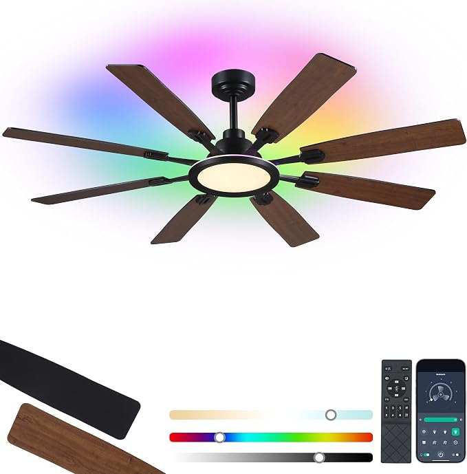 Ceiling Fan With Light & Remote Indoor/Outdoor Use 60 Inch RGB Brown | Remote Control,RGB Dimmable,Reversible DC Motor,3CCT,Timer,Noiseless,Ceiling Fan for Bedroom Living Room