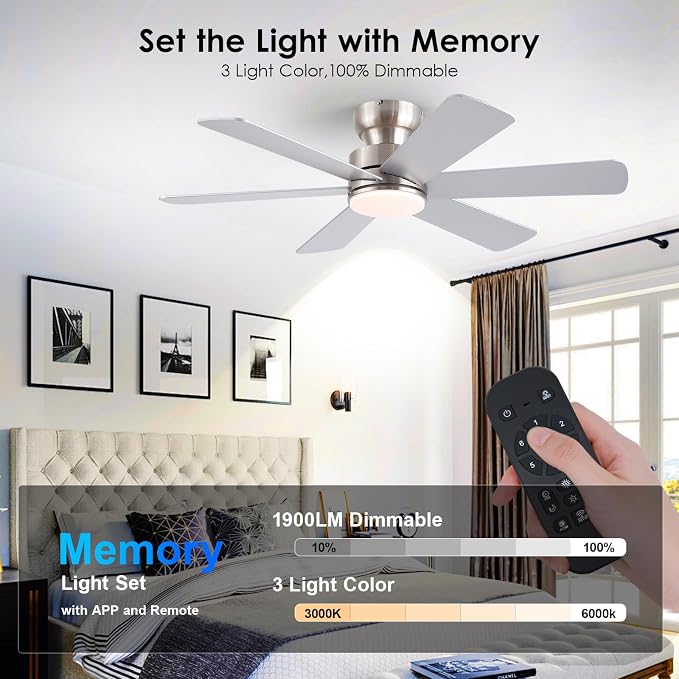 BayDay Ceiling Fans with Lights, Ceiling Fan with Remote APP, Dual-Sided Modern/Rustic, Reversible, 3CCT, Flush Mount Low Profile Ceiling Fan with Lights Bedroom Kitchen Indoor (Nickel, 46 inch)