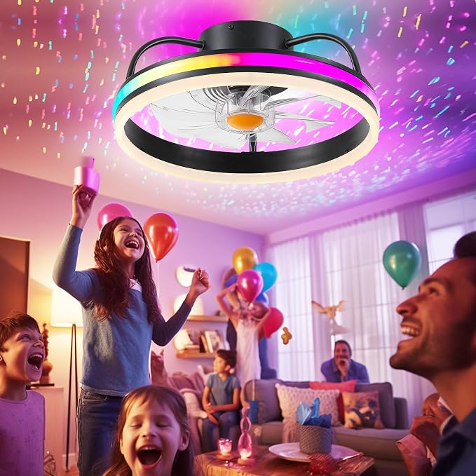 Ceiling Fan-Low Profile Ceiling Fan with Light - Modern Flush Mount Ceiling Fan ,16" RGB Dimmable LED Enclosed Ceiling Fans,Modern Bladeless LED-RGB Ambient Light for Bedroom Kids Room Party（Black）