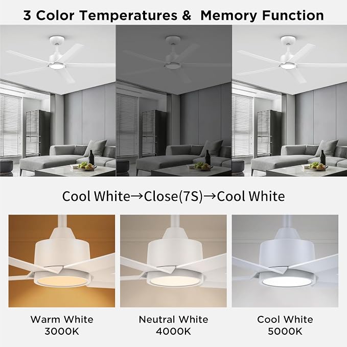 ocioc 2 Pack 52 inch Ceiling Fans with Lights and Remote Control, Ultra Quiet DC Motor, 3 Color Temperatures Modern Ceiling Fan for Bedroom Patio Indoor Covered Outdoor White