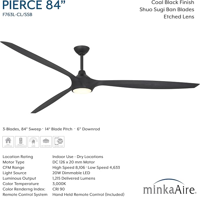 MINKA-AIRE F763L-CL/SSB Pierce 84" 3-Blade LED Smart Ceiling Fan - Coal and Shou Sugi Ban Finish Blades with Etched Lens