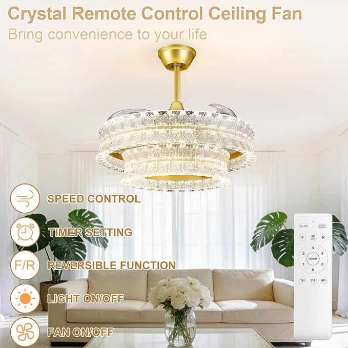 Depuley Crystal Ceiling Fans with Lights: 24" Gold Cagd Fan with Remote Control - Fandelier Fan Light for Girl's Bedroom Living Room Nursery