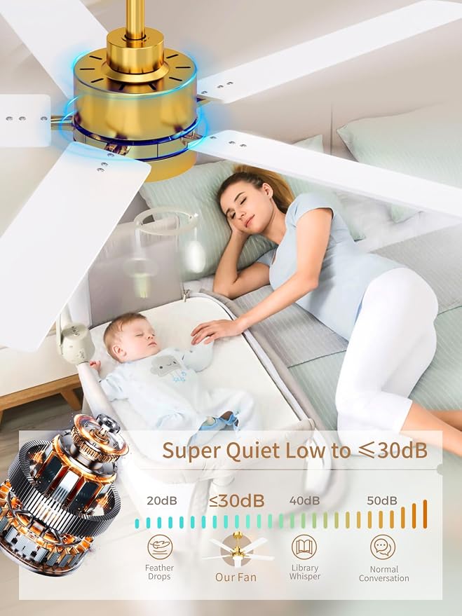 LANMEL 52'' Ceiling Fan with Lights and Remote, Low Profile Modern Ceiling Fan Gold, 6 Speed, Reversible, 3000k-6000k LED, Quiet DC Motor Ceiling Fans for Indoor Outdoor Bedroom Living Room