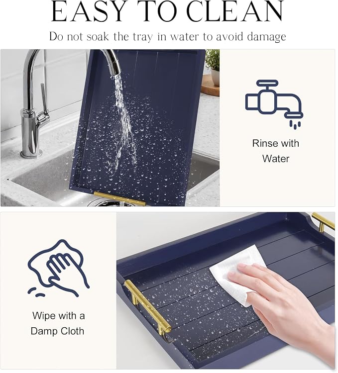 SXNOWS Wooden Serving Tray with 2 Sets of Handles,Navy Blue | Rectangle 16.5x13 Inch Ottoman Decorative Tray for Coffee Table Kitchen Bar Living Room Breakfast in Bed, 4 Coasters Included