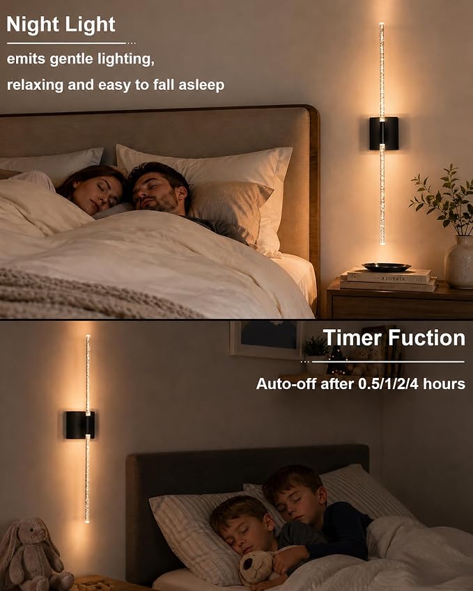 iThird Wall Sconces Battery Operated Set of 2: Wireless Rechargeable Wall Sconce with Touch&Remote, Dimmable Wall Lights Scone for Bedroom Living Room Hallway, 31inch (Black, Bubble Crystal)