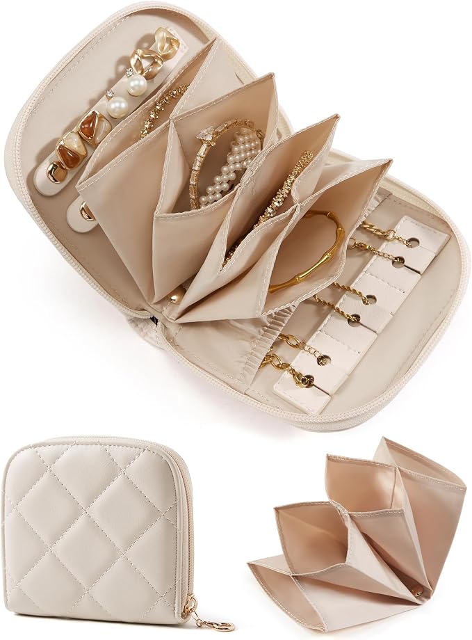 BAGSMART Travel Jewelry Case, Leather Zip for Rings Necklaces | Removable inner pocket, 3 tangle-free clips, 1 elastic pocket, 2 leather snap straps for rings/earrings