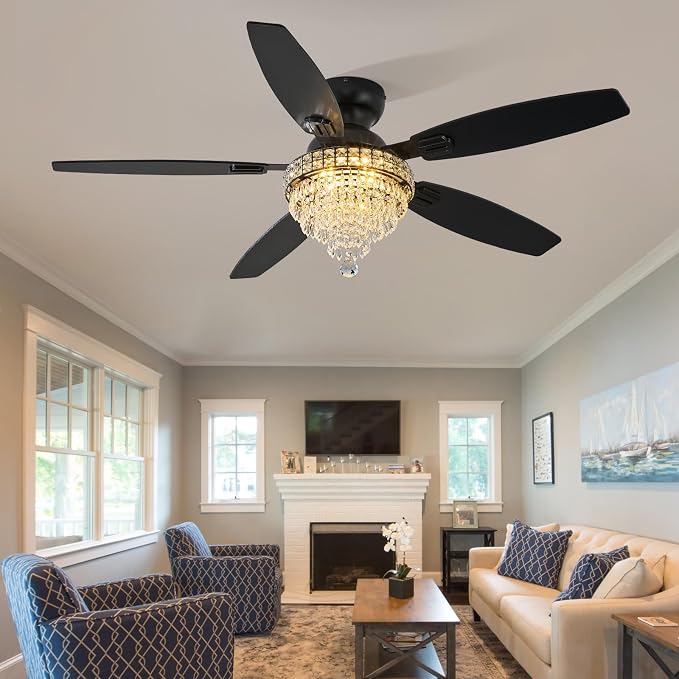 Crystal Ceiling Fan Fandelier with Lights-Ceiling Fans with Lights,54" Low Profile and Remote Control, Flush Mount, Reversible, Dimmable, Noiseless, Black Ceiling Fan for Bedroom