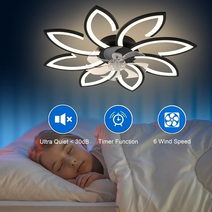 35" Geometric Ceiling Fan with Light Remote Control, 6 Speeds 3 Colors, Black Low Profile Flush Mount Ceiling Fan for Kitchen Bedroom Living Room