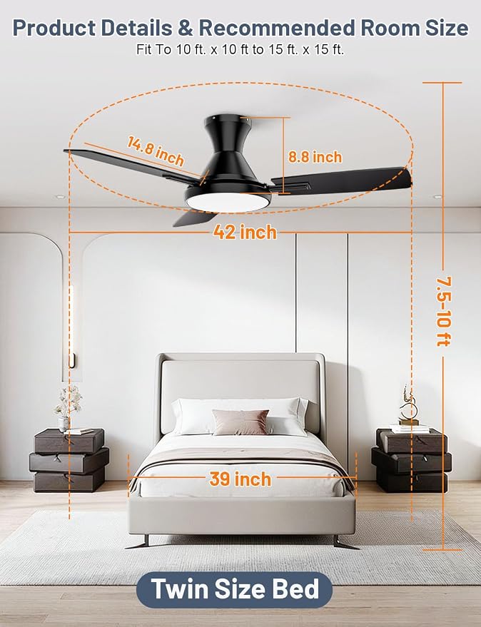 Ceiling Fan with Lights, 42” Ceiling Fan with Light and Remote/APP Control, 2700-6500K CCT Adjustable, Stepless Dimmable, Quiet Reversible Motor, Flush Mount LED Fans Light for Bedroom Living Room