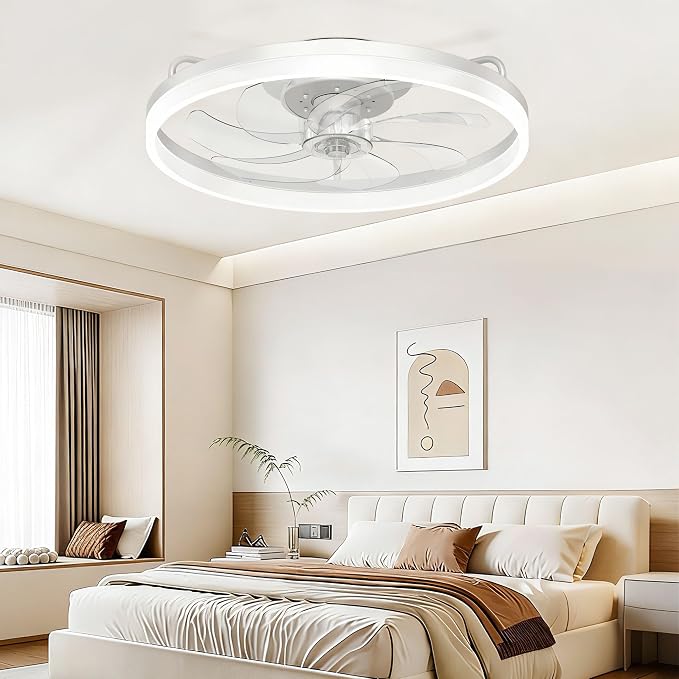 20 Inch Low Profile Ceiling Fans with Lights and Remote, White | Flush Mount 7-Blade Fandelier with App Control, 3CCT Dimmable, Quiet Reversible DC Motor, 6 Speeds Ceiling Fan for Bedroom
