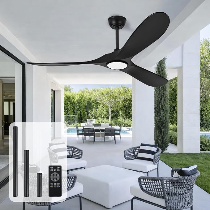 heimo 52 Inch Black Ceiling Fan with Light and Remote, Wood Outdoor Ceiling Fans with Lights Dimmable for Bedroom Living Room Patios Kitchen Modern 3 Blade Propeller Indoor Fan