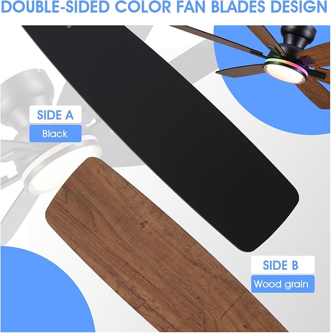 Kviflon 52" Ceiling Fans with RGB Lights, Low Profile Ceiling Fan with Remote/APP Control, Flush Mount, Double-Sided 6 Reversible Blades, RGB+3CCT Dimmable Lights, Double Lampshade for Bedroom, Brown