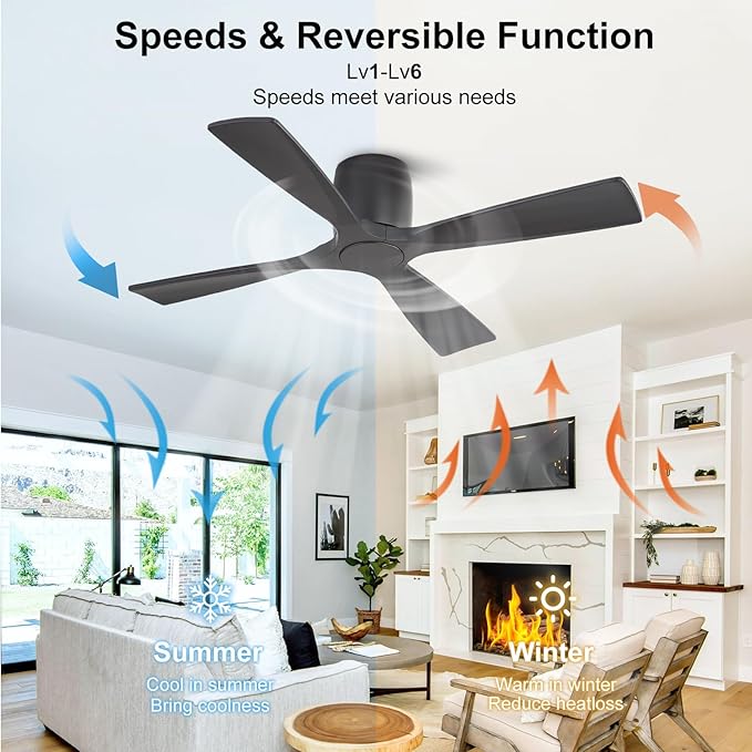 WINGBO 54 Inch Ceiling Fan Without Light, Solid Wood Flush Mount Ceiling Fan with Remote Control, Reversible DC Motor, 4 Blades, 6-Speed Quiet Performance, for Bedroom & Living Room, Black