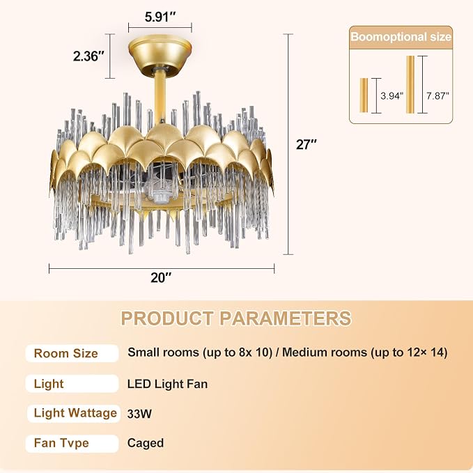 Depuley Bedroom Ceiling Fan with Lights: 20" Gold Chandelier Cagd Fan with Remote Control - Modern Crystal Fandelier for Girl's Bedroom Living Room Nursery
