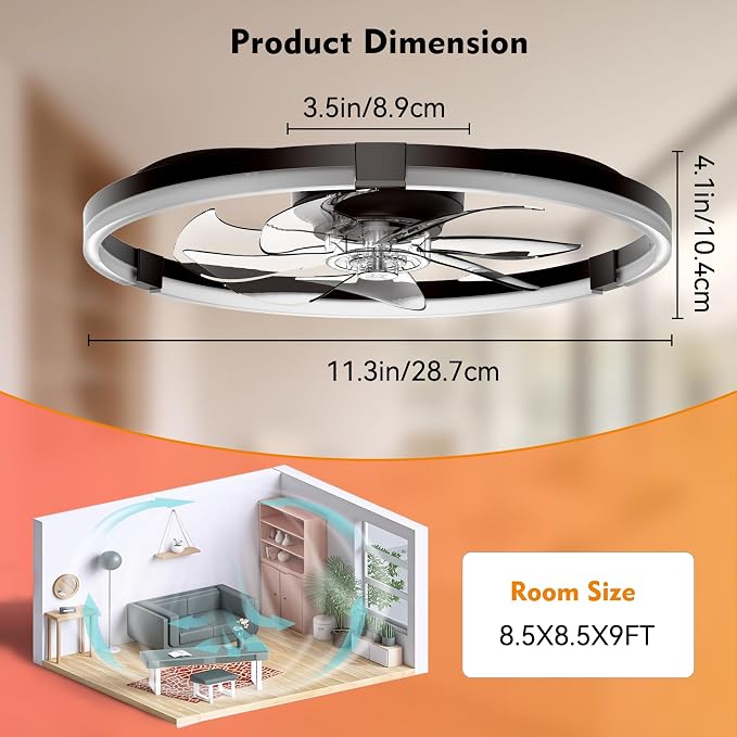 20'' Low Profile Ceiling Fan with Lights, Ceiling Fans with Lights and Remote, 3000-6500K Dimmable Modern Flush Mount LED Fan Lights, 6 Wind Speeds Ceiling Fans for Bedroom