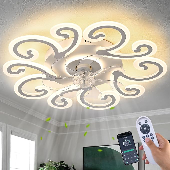 White Flower Modern Ceiling Fan with Lights, Low Profile Ceiling Fan with Remote for Bedroom, Flush Mount Ceiling Fans with LED Dimmable Light, 6-Speeds, Timing CeilingFan Light-yun