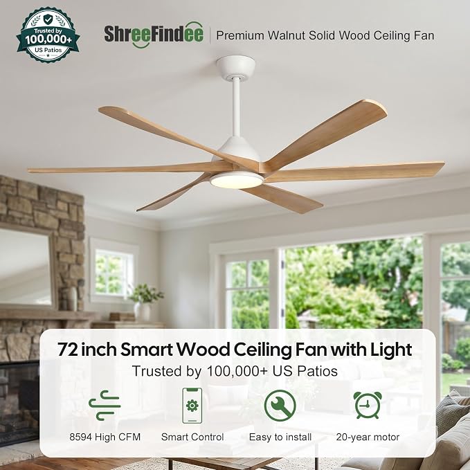 72 Inch Smart Outdoor Ceiling Fan with Light, Remote/Alexa/APP Control, 6 Solid Wood Blades, ETL Listed Quiet DC Motor, 8594 CFM Large Airflow, Damp Rated for Indoor Exterior Porch Gazebo Garage