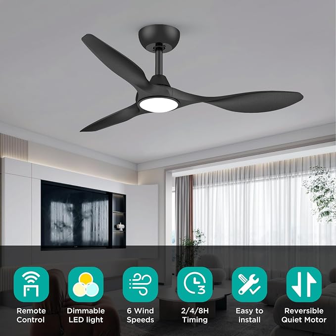 Roomratv 42 Inch BLack Ceiling Fans with Lights, Remote Control,Reversible DC Motor,Dimmable,6 Speeds,Ultra Quiet,3 Blade Ceiling Fans for Bedroom,Living Room,Indoor Outdoor Patio