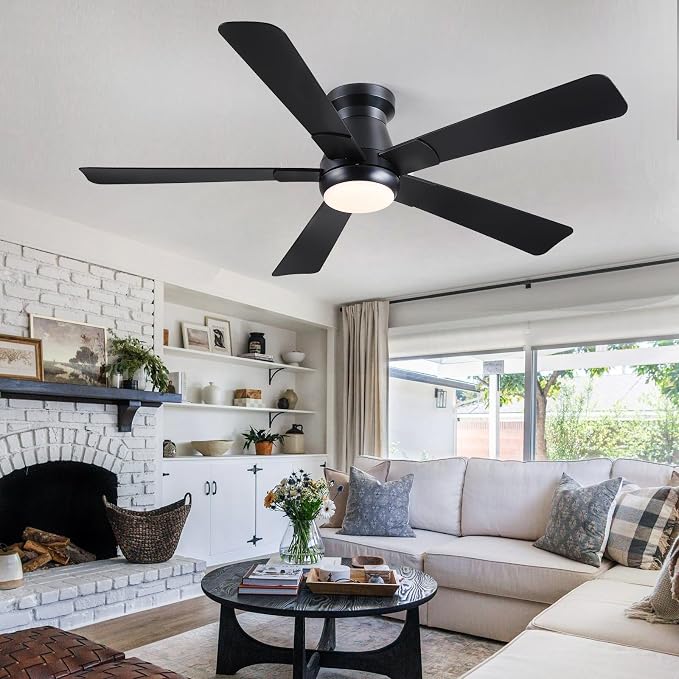 Hounberi 52" Flush Mount Ceiling Fan with Lights and Remote, Modern Black Low Profile Ceiling Fan, Quiet Reversible DC Motor, 3CCT Dimmable LED, Ideal for Bedroom, Living Room and Low Ceilings, Black