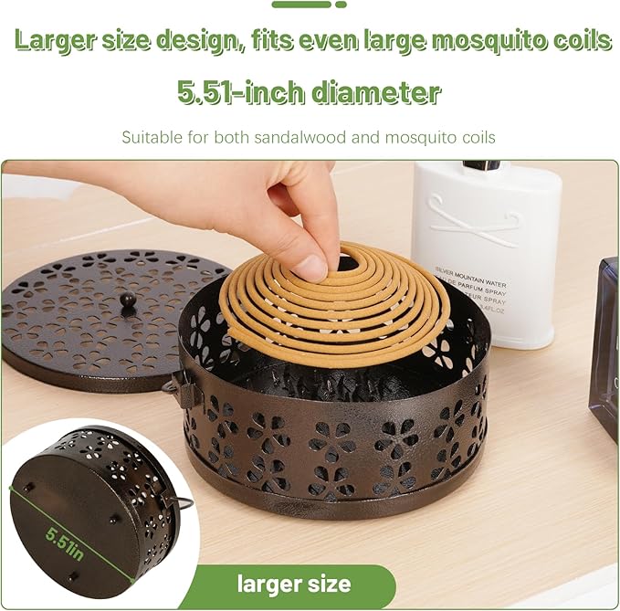 Portable Iron Mosquito Coil Holder with Handle Round Heat-Resistant Incense Holder (Bronze)
