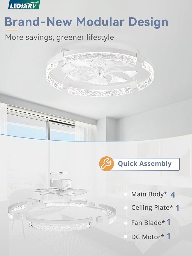 LEDIARY 24 Inch Low Profile Ceiling Fans with Lights and Remote, Flush Mount Fandelier Ceiling Fan, 3000K-6000K Dimmable LED Fan Light, White Modern Ceiling Fans with Lights for Bedroom