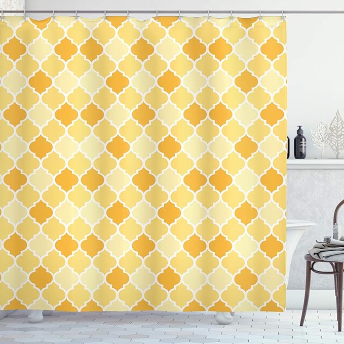 Ambesonne Quatrefoil Shower Curtain, Age-Old Trellis Pattern in The Shades of Yellow Historical Eastern, Cloth Fabric Bathroom Decor Set with Hooks, 69" W x 84" L, Marigold Mustard