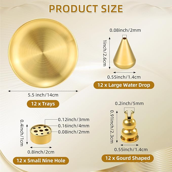 Baderke 12 Set 4 in 1 Incense Burner 5.5 Inch Brass Incense Holder for Sticks Coil Cones Brass Ash Catcher for Meditation Yoga Room, Home Fragrance Decoration