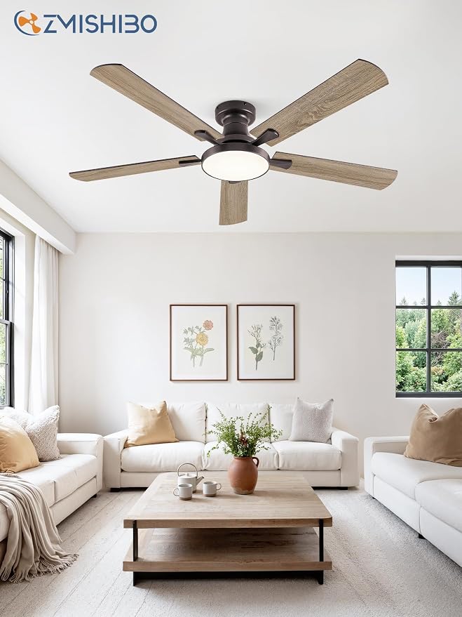 ZMISHIBO 52 Inch Flush Mount Ceiling Fan with Light, Remote&APP, Oil Bronze | 6-Speed Quiet DC Motor, Dimmable 24W LED with 3CCT (3000K-6500K), Modern Low Profile for Living Room, Bedroom, Kitchen