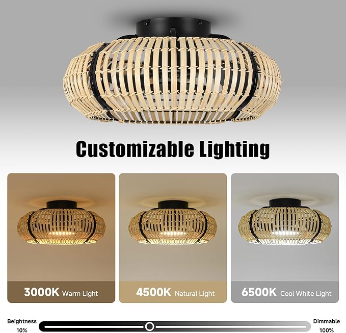 ocioc 20" Fandelier Ceiling Fans with Lights and Remote,Caged Ceiling Fan with Light,Flush Mount,Low Profile,Bladeless,Quiet Reversible DC Motor,Boho Rattan Ceiling Fan for Bedroom