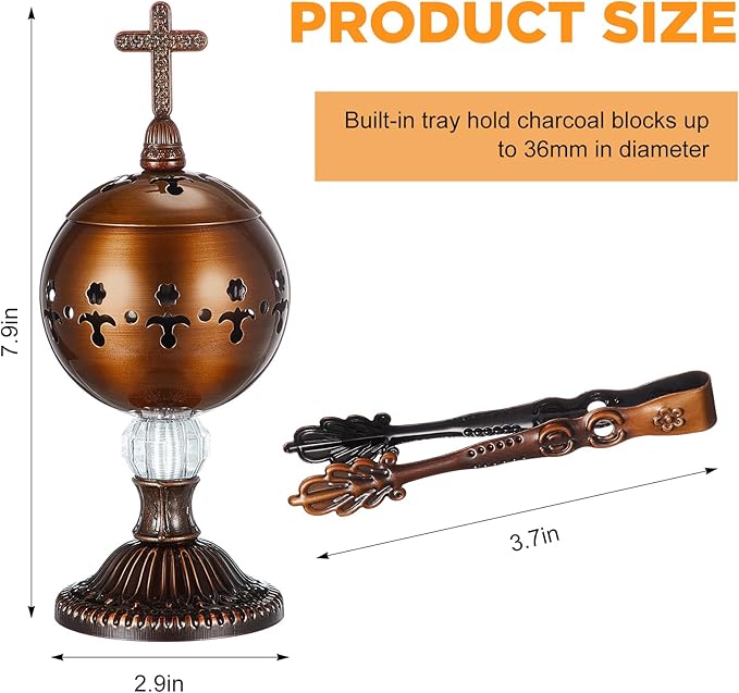 Zonon 1 Set Incense Burner with Tong, Frankincense Charcoal Incense Stand Holder, Ideal for Yoga, Spa, Aromatherapy, Home and Christian Church Censer (Red Copper,Retro)