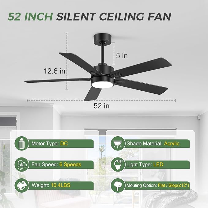 Ceiling Fans with LED Lights, 52 Inch 5-Blade Ceiling Fan Remote Control, Industrial Ceiling Fan with Reversible DC Motor, Downrod Mount LED Ceiling Light Chandelier for Bedroom (Black)