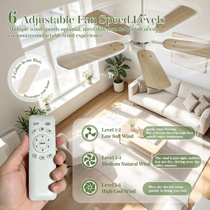 Ceiling Fans with Lights, 42 Inch Low Profile Ceiling Fan and Remote Control, Dual-Sided Blades, 6 Speed Fan, Dimmable Light Flush Mount Ceiling Fan for Bedroom Living Room, White