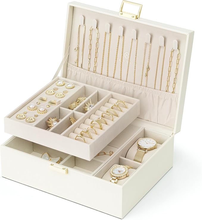 VLANDO Jewelry Organizer,2 Layer Jewelry Box Large Jewelry Organizer for Mothers Day Mom Gifts Women Removable Jewelery Tray with Watch Pillow for Necklace Earrings Rings Bracelets(Cream White)