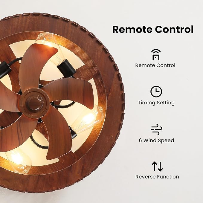 20" Flush Mount Ceiling Fan with Light, Wooden Caged Low Profile Fandelier with Remote, 6-Speed Reversible Bladeless Fan, Farmhouse Ceiling Fan for Bedroom, Kitchen, Living Room