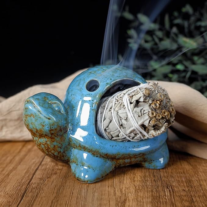 MOUGIGI Blue Ceramic Turtle Palo Santo Burner - Mini Chiminea, Burns Palo Santo、Sage、Incense Cones, Doubles as Small Candle Holder for Energy Cleansing、Yoga、Meditation、Zen、Altar Aromatherapy