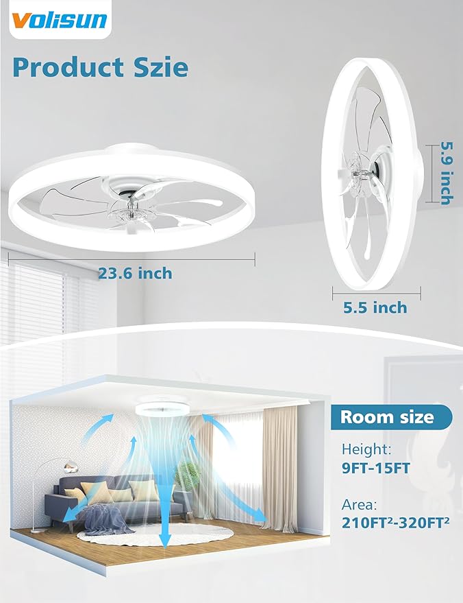VOLISUN Low Profile Ceiling Fans with Lights and Remote, 24in Fandelier Ceiling Fan with Light, 3000K-6500K Dimmable Bladeless LED Fan Light, White Flush Mount Ceiling Fans with Lights for Bedroom