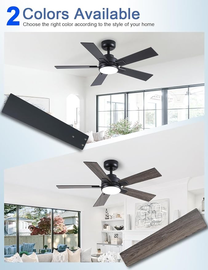 Modern Ceiling Fans with Lights - 42 inch Black Outdoor Ceiling Fan with Light and Remote, Reversible DC Motor, 6-Speed Quiet 3CCT LED Dimmable for Bedroom, Indoor and Outdoor, Patios, ETL Listed