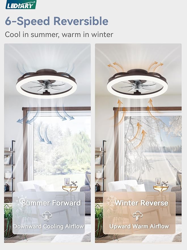 LEDIARY 20 Inch Low Profile Ceiling Fans with Lights and Remote, Dimmable Modern Fan Light(3000K-6000K), 6 Speed, Reversible, APP & Remote Control, Flush Mount Ceiling Fan for Bedroom, Brown