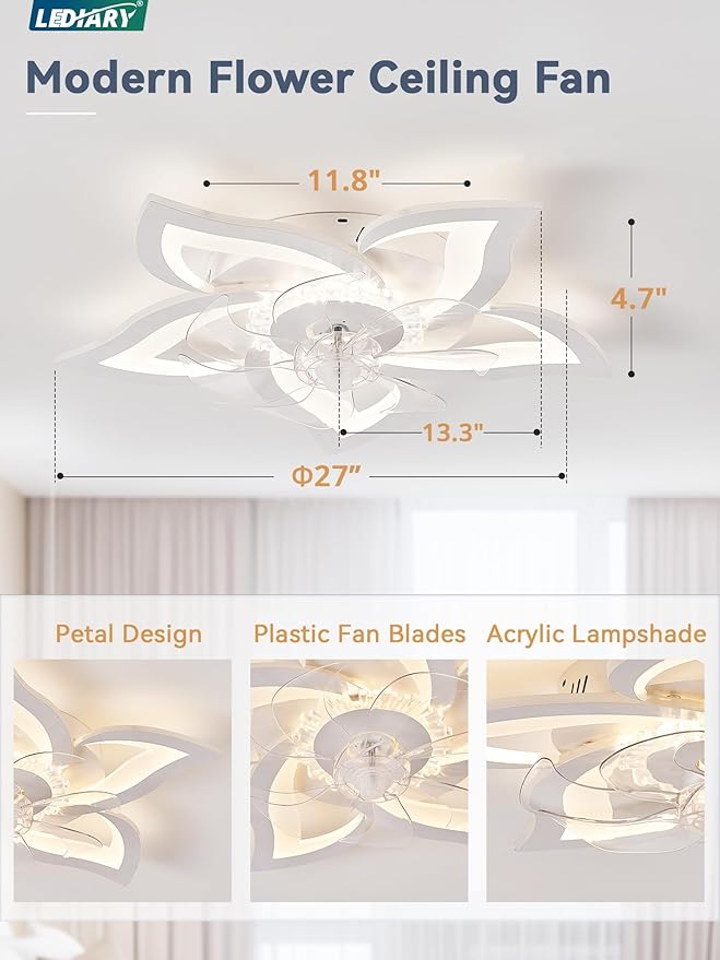 LEDIARY Flower Ceiling Fans with Lights, Small 27 Inch Modern Low Profile Ceiling Fan, Dimmable LED Ceiling Light Fixture, Flush Mount Ceiling Fans with Remote for Bedroom, Kitchen, Indoor-White