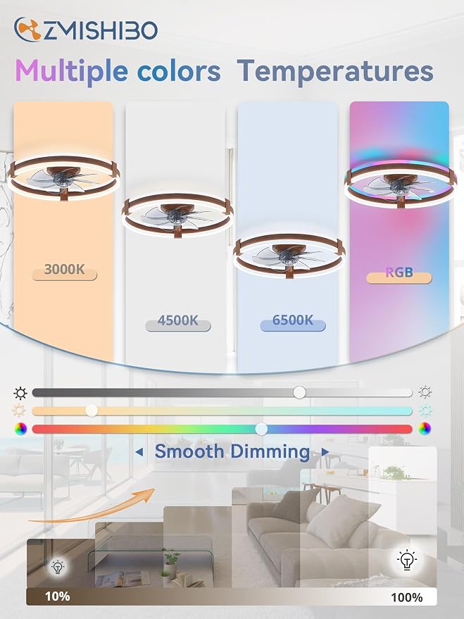 ZMISHIBO RGB Ceiling Fans with Lights and Remote, 20 inch Low Profile Ceiling Fan with Light, 3000K-6000K Dimmable & RGB, Modern Fandelier Flush Mount Ceiling Fan, Small LED Fan for Bedroom,Walnut