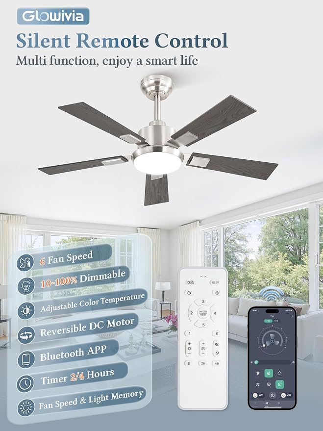 42 Inch Ceiling Fans with Lights and Remote&APP Control, Brushed Nickel Smart Ceiling Fan with 3000-6000K Dimmable, 6 Speeds Reversible, Indoor/Outdoor Ceiling Fan for Bedroom Living Room