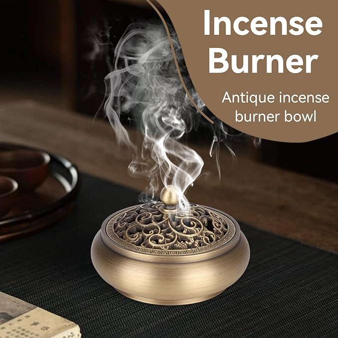 Brass Incense Burner with Lid, Antique Incense Holder Censer Incense Burner Bowl with Lid for Coils Stick Incense Home Office Decor Indoor Ornament Handicraft