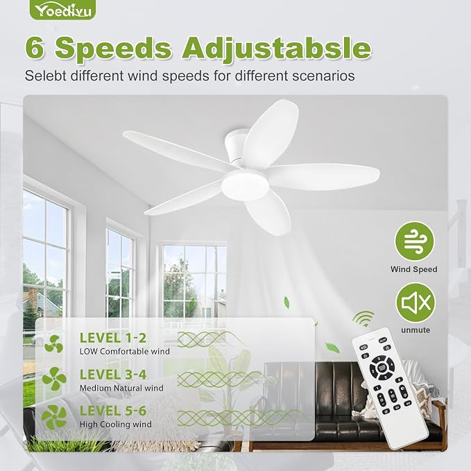 White Ceiling Fan with Light, 42 Inch Low Profile Flush Mount Ceiling Fan 6-Speed Wind, Quiet Reversible DC Motor, 3 Color Dimmable Lighting, Small Ceiling Fans for Living Room/Kitchen/Bedroom