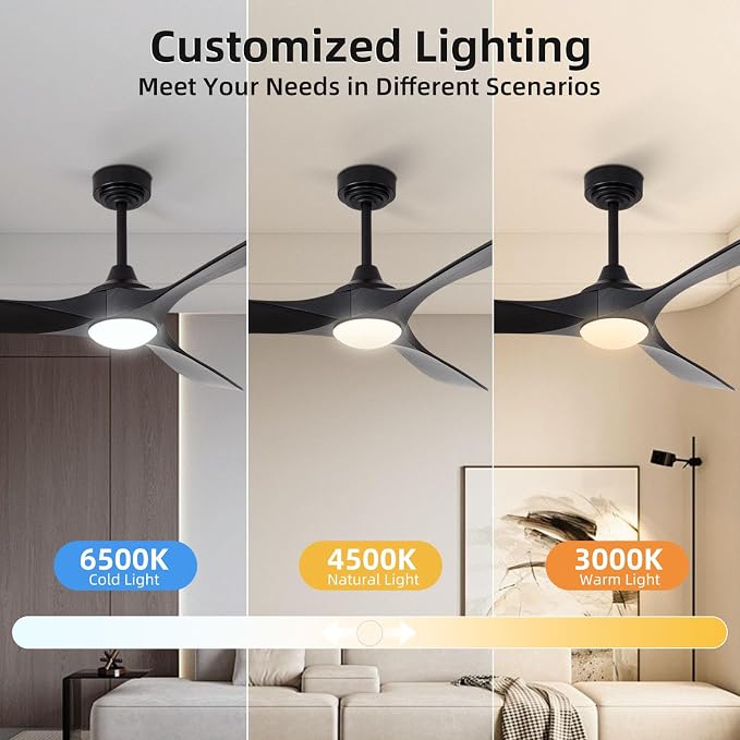 60” Outdoor Ceiling Fan with Light 3 Downrods, Smart Wood Ceiling Fan Compatible with Alexa/Google/App, 3 Blades Modern Black Wood Ceiling Fans for Kitchen Living Room Patio